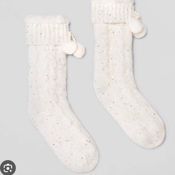 Accessories - NWT Sequin Cable Faux Shearling Slipper Socks with Faux Fur Poms Ivory W…